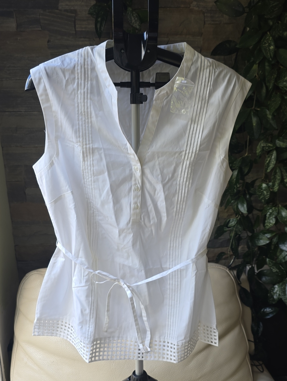 White Sleeveless Pintuck Blouse with Waist Tie- Size UK 18, Canada 16,US 12